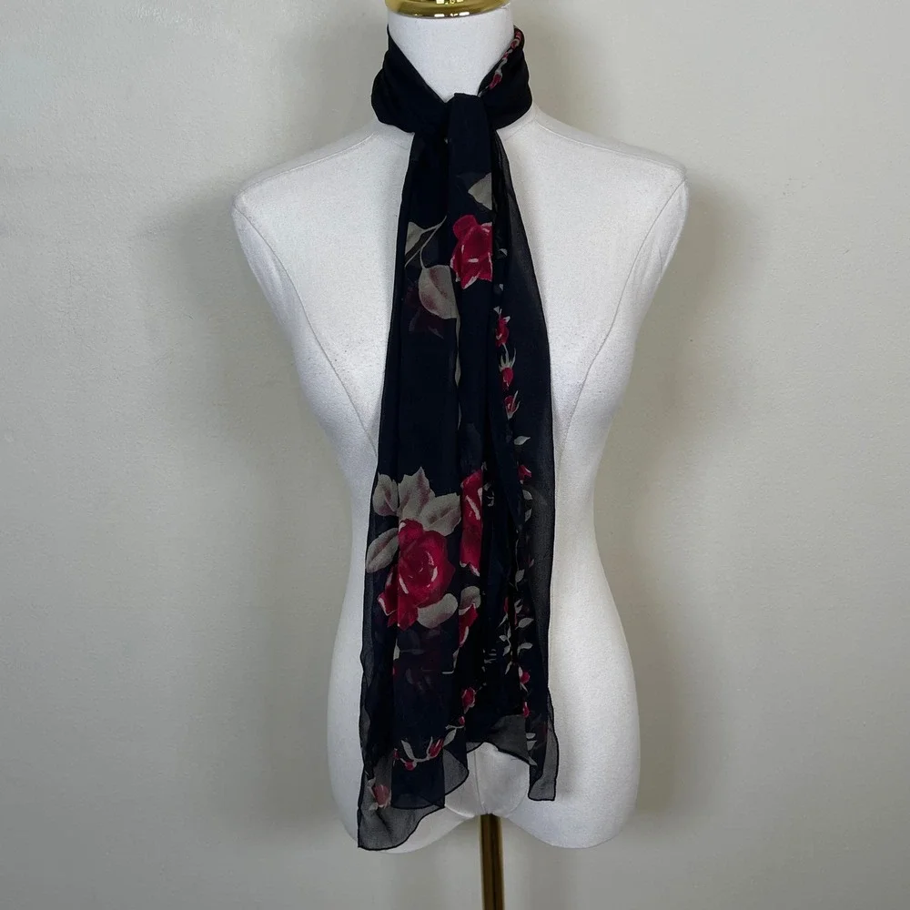 Vintage Floral Rose Silk Chiffon Scarf Black Red‎ Sheer 90s Goth Dark Romantic